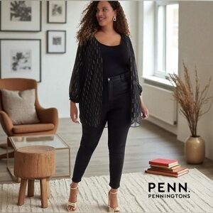 NEW, Penningtons, Black & Gold Sheer Open Kimono, Plus Size X / 1X